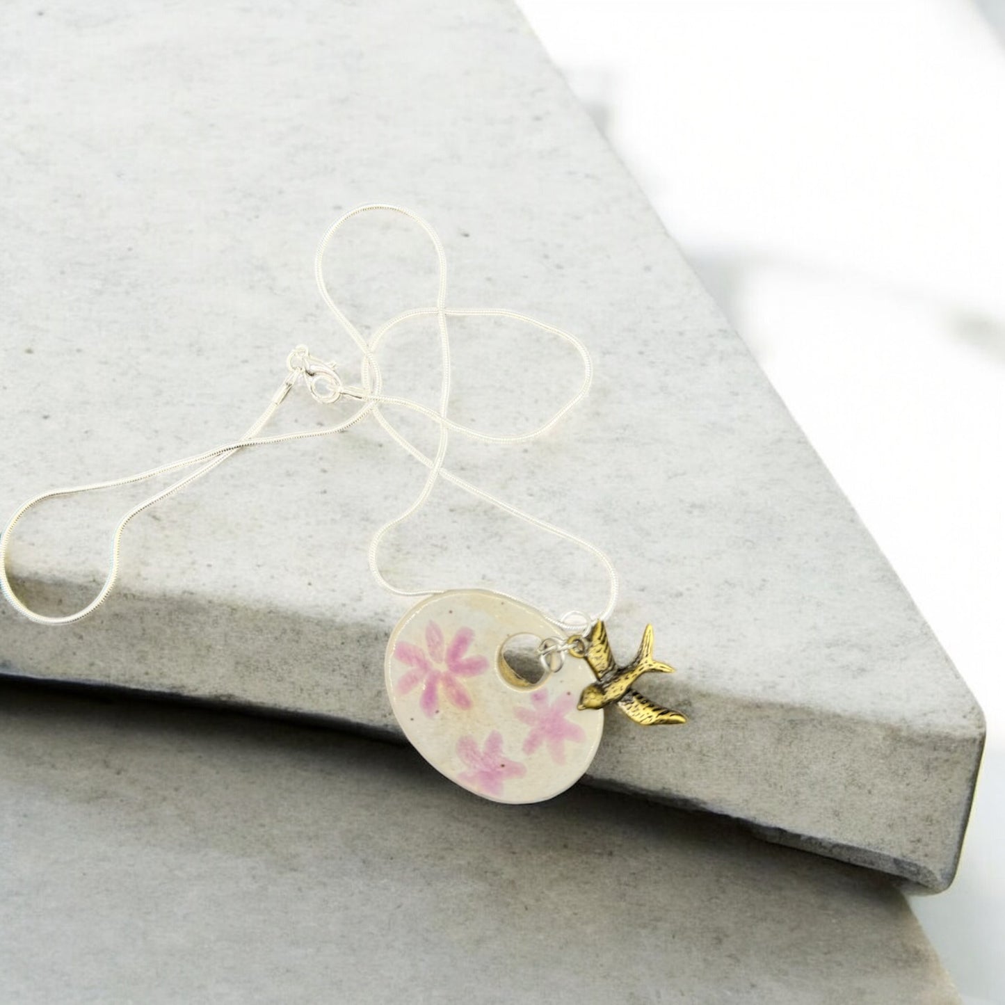 Clay Necklace Pink Flowers with Bird