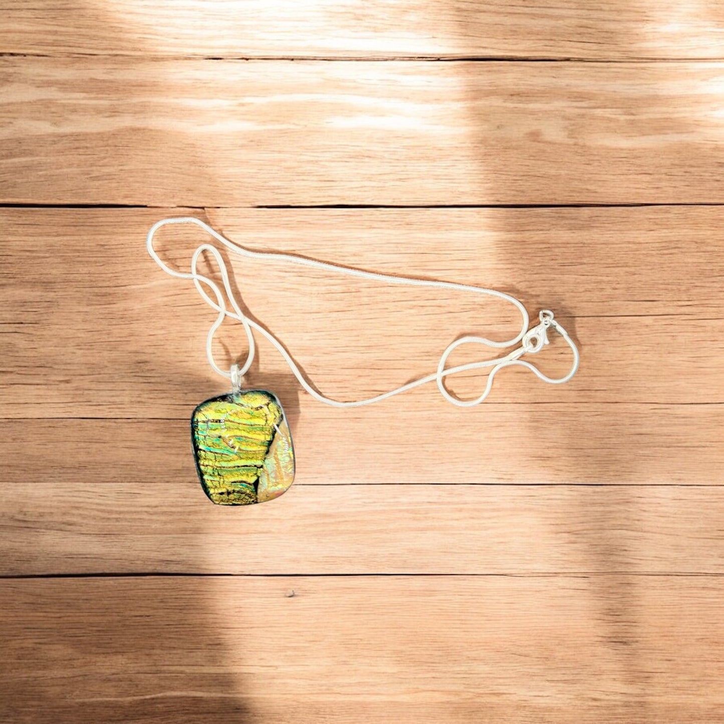 Glass Fused Necklace - Dichroic Green and white